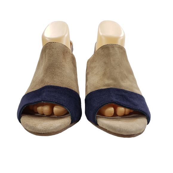 Eric Michael 10 Suede Leather Slingback Heels Womens Tan Black Block 3" Open Toe - Picture 3 of 11